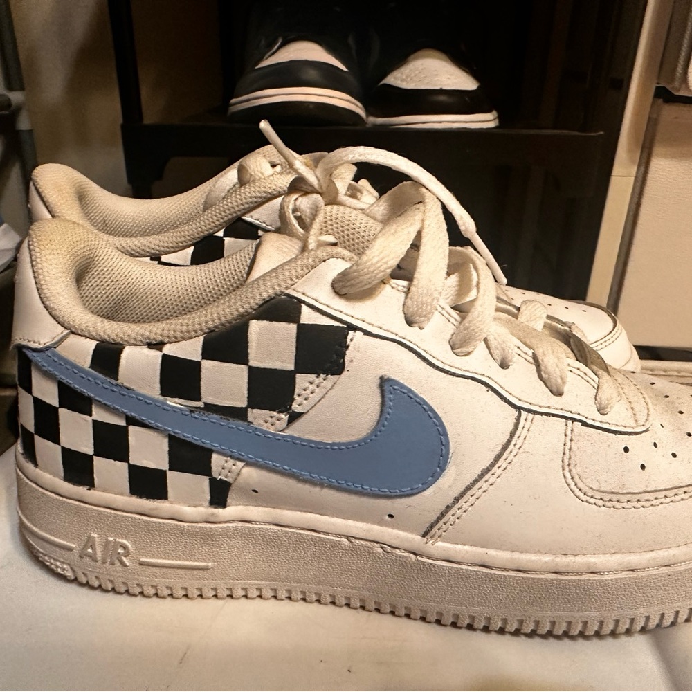 Custom Air Force ones Checkered Sneakers with Blue Swoosh